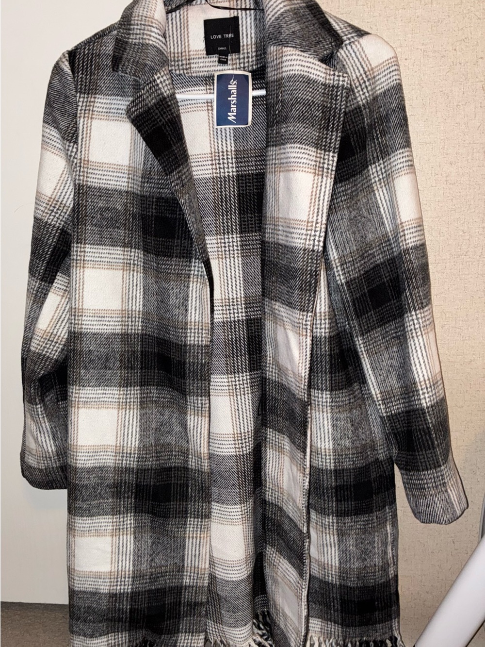 Love Tree Black & White Plaid Open-Front Trench Coat